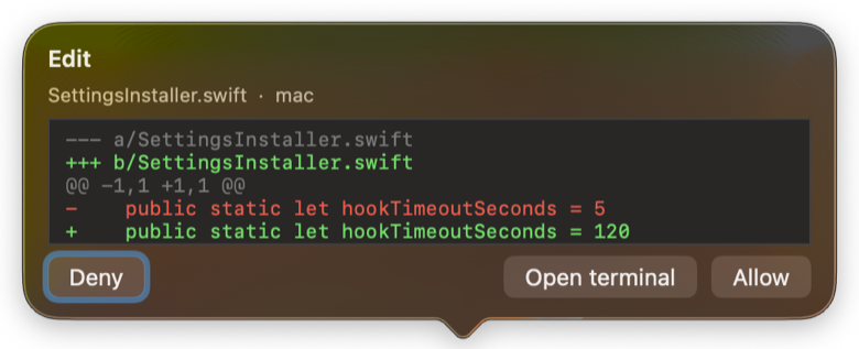 A popover above the corgi showing a diff with Deny, Open terminal and Allow buttons