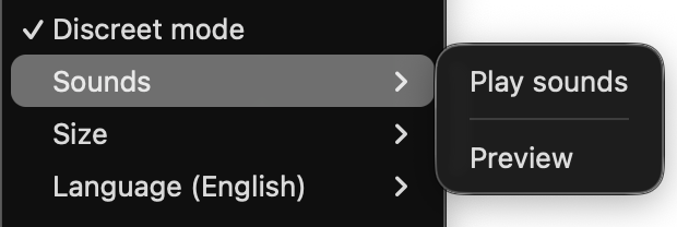 The menu bar menu with the Sounds submenu open, showing Play sounds and Preview